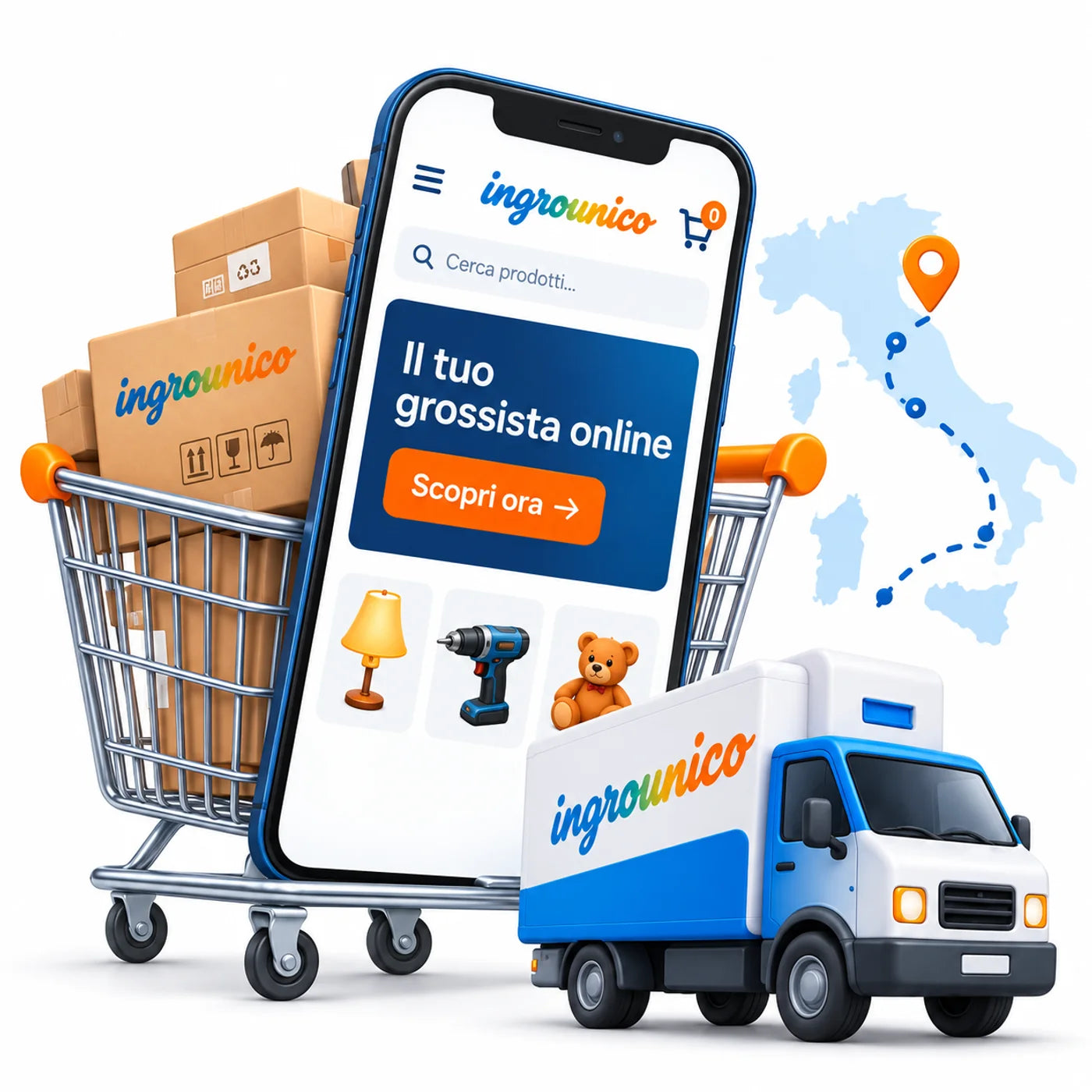 Uno smartphone nel carrello con scatole e furgone IngroUnico, per ordinare online in tutta Italia.