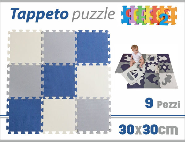 Tappeto puzzle in EVA blu, grigio e bianco, 9 pezzi