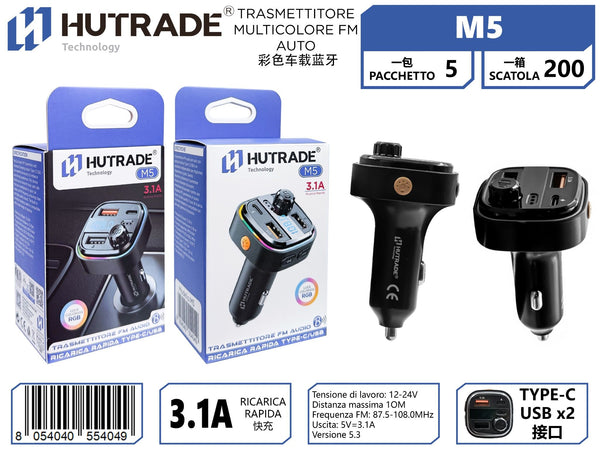 M5 TRASMETTITORE MULTICOLORE FM AUTO BLUETOOTH 2 INGRESSI USB LETTORE PENDRIVE