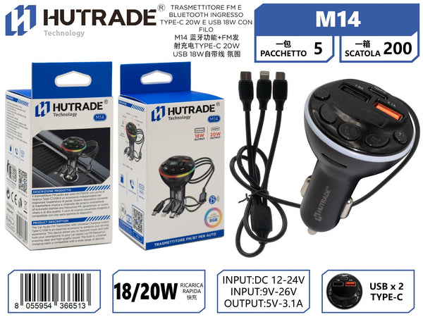 M14 TRASMETTITORE FM E BLUETOOTH INGRESSO TYPE-C 20W E USB 18W CON FILO