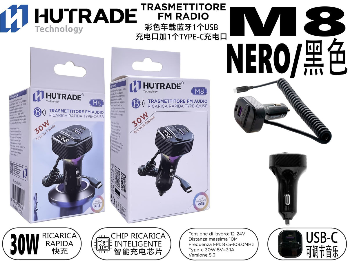 M8 TRASMETTITORE MULTICOLORE FM AUTO BLUETOOTH 1 INGRESSO USB 1 INGRESSO TYPE-C