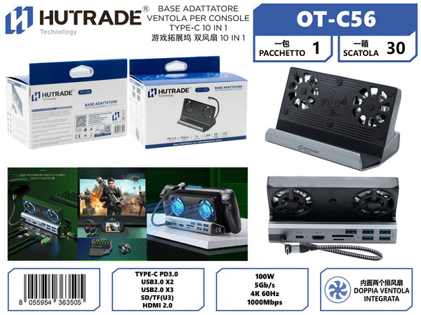 Base per console USB-C OT-C56, 10 in 1, con ventole
