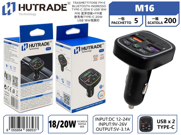 M16 TRASMETTITORE FM E BLUETOOTH INGRESSO TYPE-C 20W E USB 18W