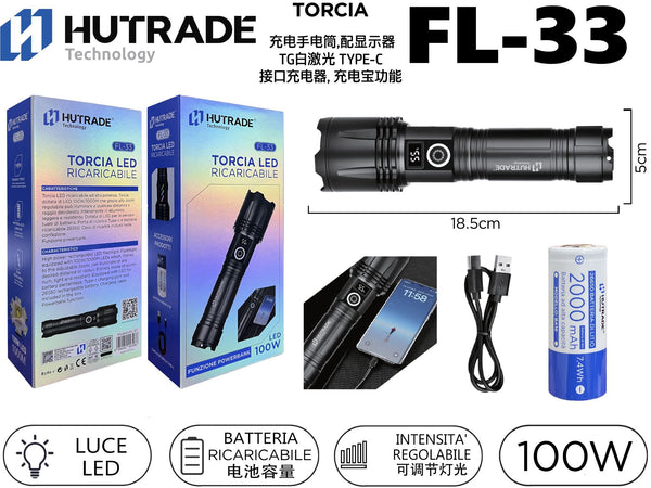 FL-33 TORCIA RICARICABILE INGRESSO TYPE-C FUNZIONE POWERBANK 100W