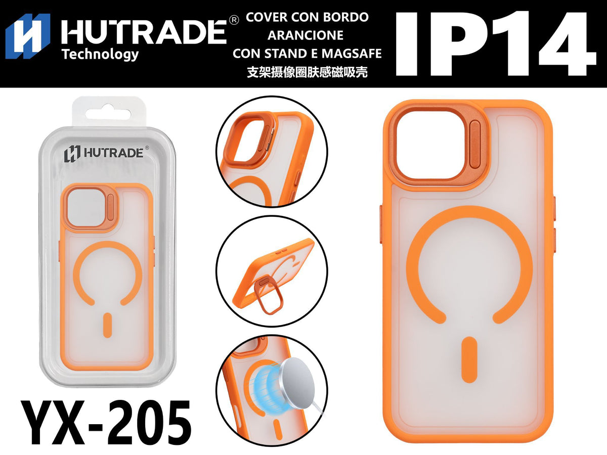 YX-205 COVER CON BORDO ARANCIONE CON STAND E MAGSAFE IP14