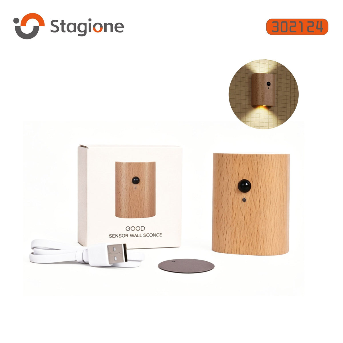 Lampada da parete con sensore e finitura effetto legno