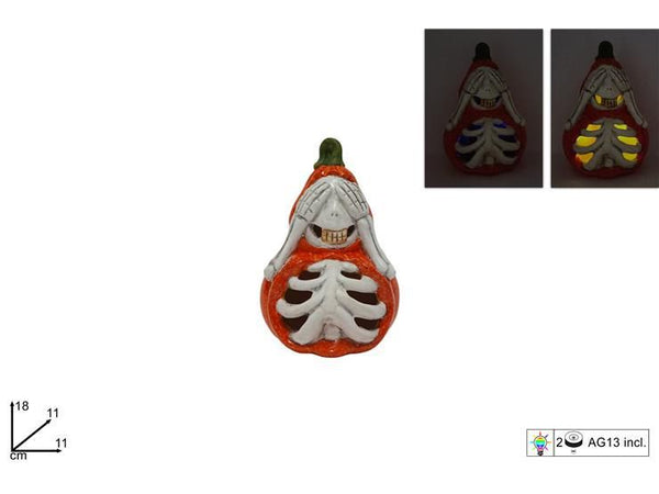 Zucca decorativa in ceramica con scheletro e luce 18 cm