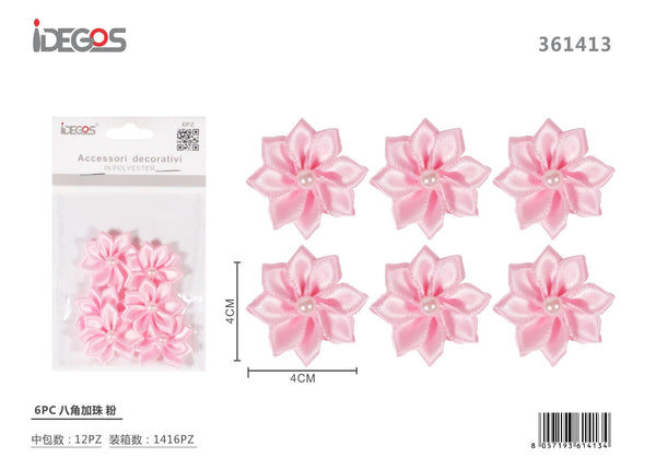 Set di 6 fiori decorativi in raso con perlina