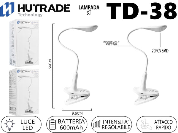 TD-38 LAMPADA DA TAVOLO A PINZA RICARICABILE 500MAH