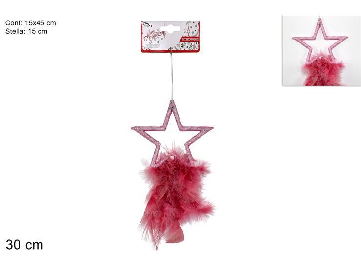 Appendino stella glitter c/piume rosa cm 15 art.hy-20228/13u
