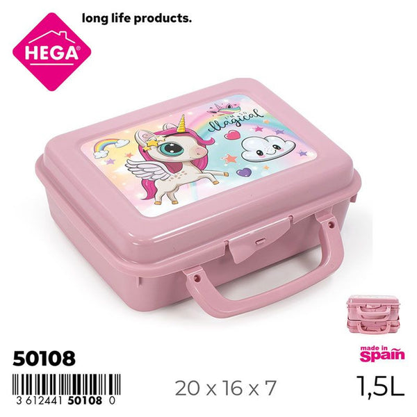 SANDWICHIERA COLONIA RETTANGOLARE IML UNICORNI MAGICI CON MANIGLIA 20 cm. ROSA