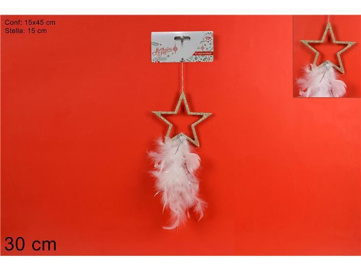Appendino stella glitter c/piume bianco cm 15 art.hy-20228/w white