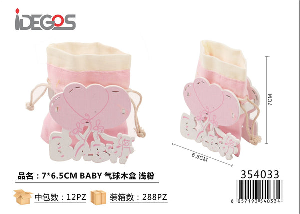 Confezione in legno con palloncini BABY e sacchetto rosa, 7 x 6,5 cm