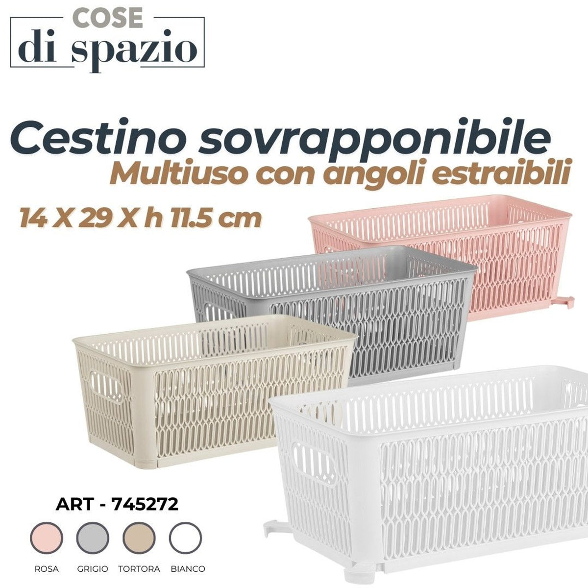 Cestino sovrapponibile multiuso c/angoli estraibili 14 × 29xh11.5 cm colori assortiti cod.art.745272