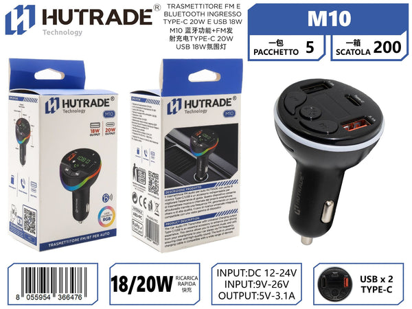 M10 TRASMETTITORE FM E BLUETOOTH INGRESSO TYPE-C 20W E USB 18W