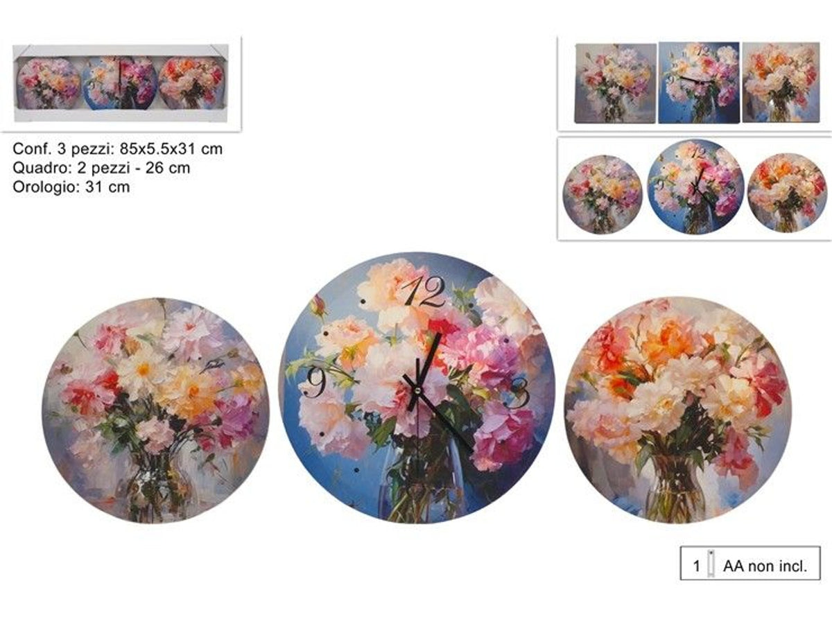 QUADRO CON OROLOGIO SET 3 pz DECORO FIORI 2ASS.