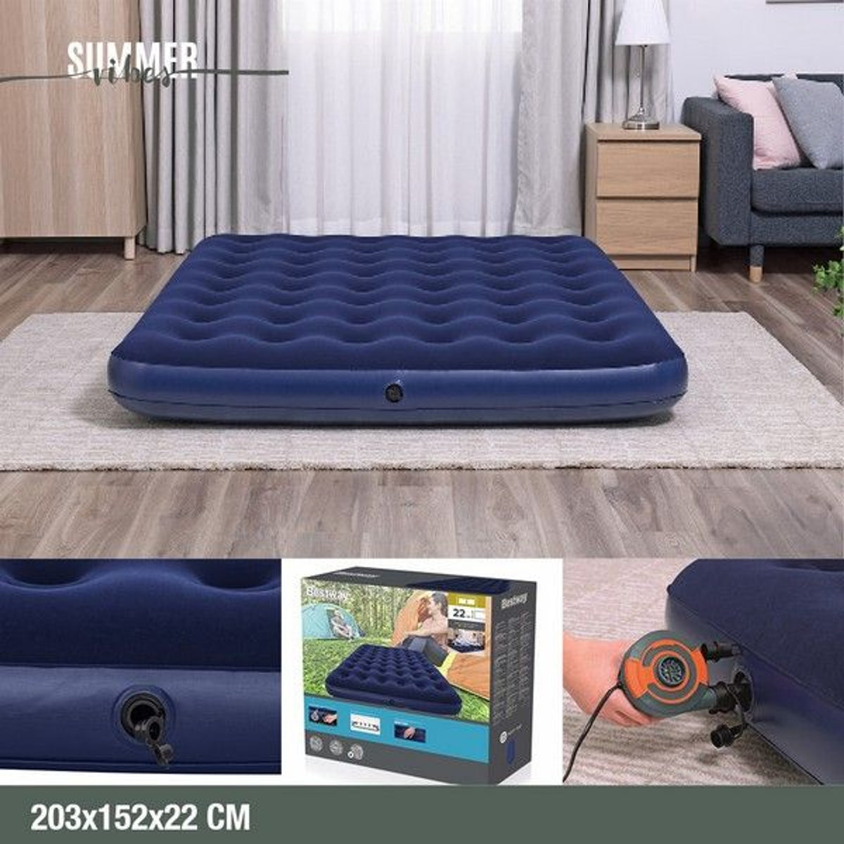 67003 airbed pvc blu floccato matrimoniale plus cm. 203 × 152