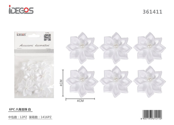 Set di 6 fiori decorativi in raso con perlina