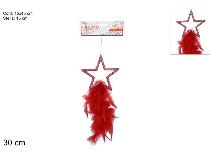Appendino stella glitter c/piume rosso cm 15 art.hy-20228/10