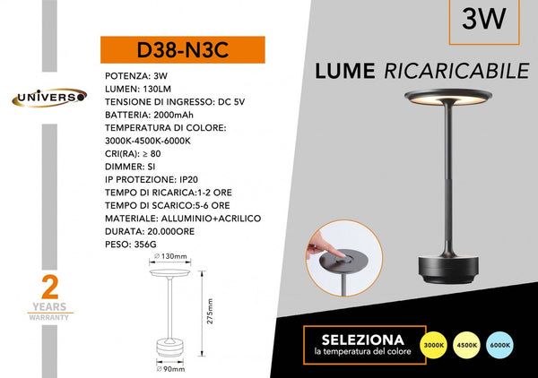 Lampada da tavolo ricaricabile – D38-N3C