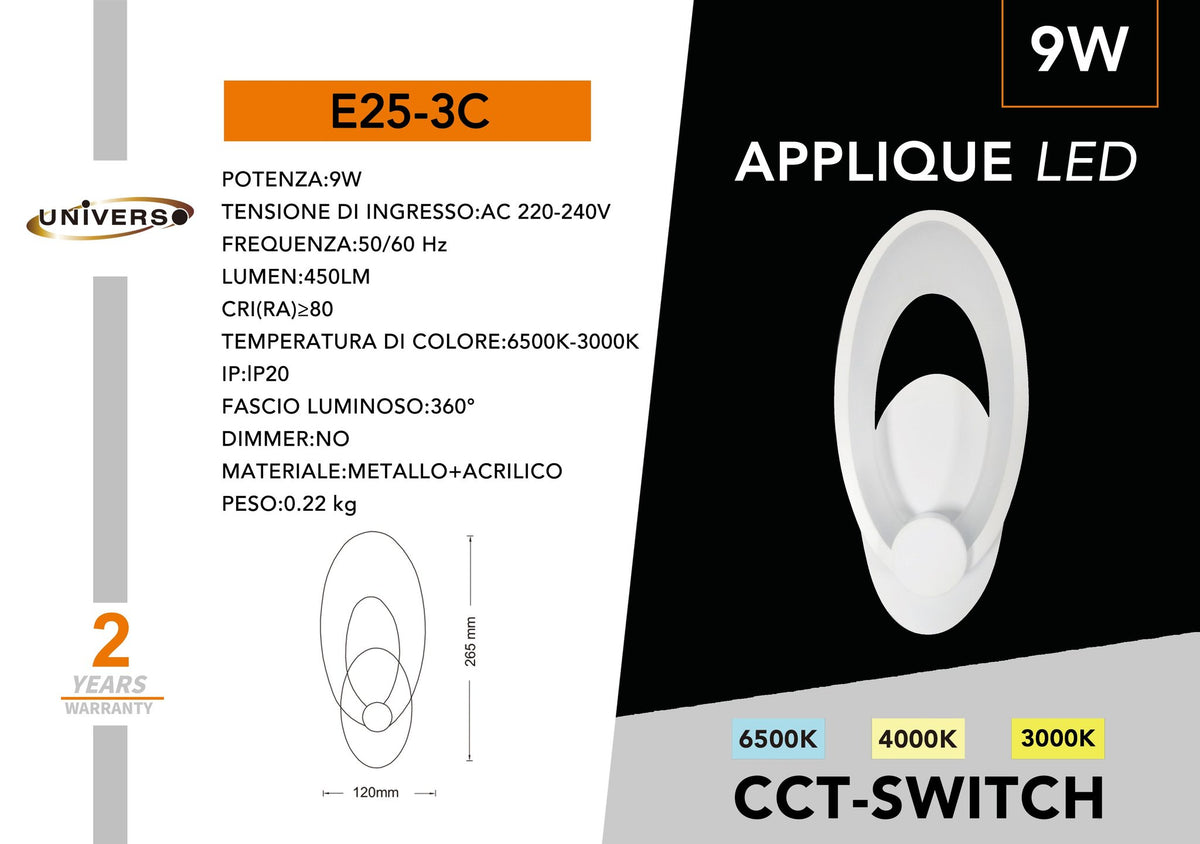 Applique 6550-9W 3000K-6500K Universo – E25-3C