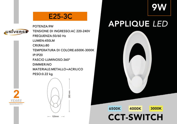 Applique 6550-9W 3000K-6500K Universo – E25-3C