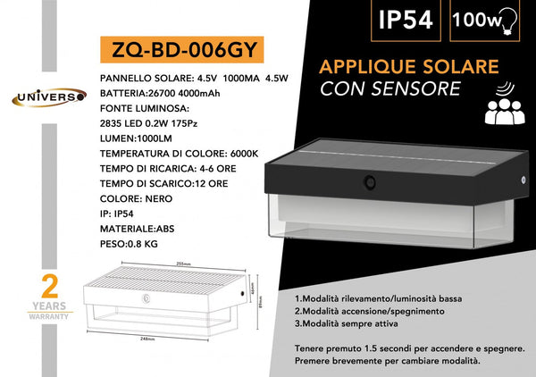 Applique Solare Con Sensore Universo – ZQ-BD-006GY