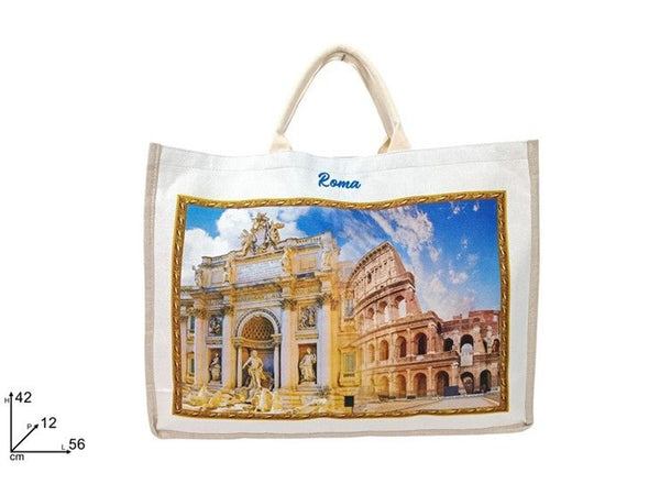 BORSA MARE 56 × 42 cm JUTA BIANCA CON SCENARIO ROMA