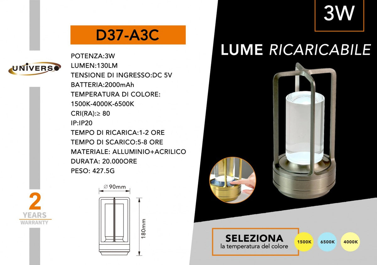 Lampada da tavolo ricaricabile – D37-A3C