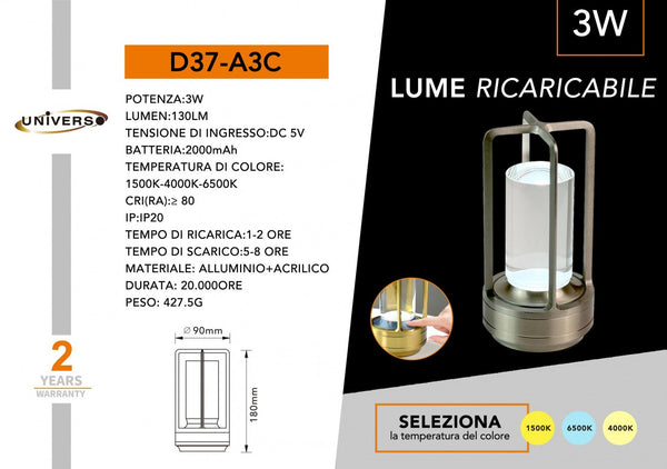 Lampada da tavolo ricaricabile – D37-A3C