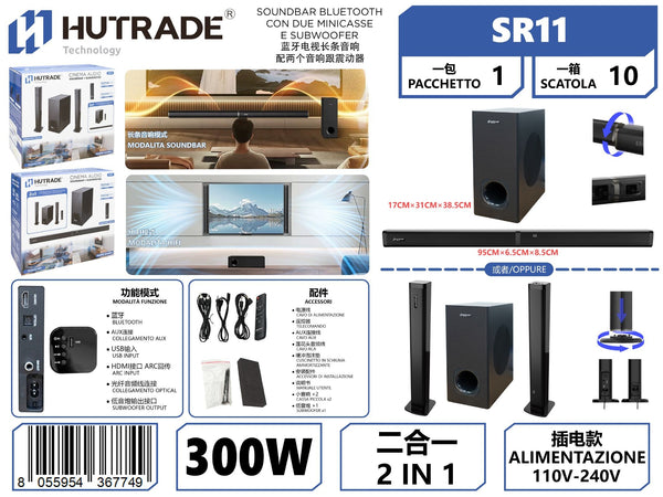 SR11 SOUNDBAR BLUETOOTH CON DUE MINICASSE E SUBWOOFER PER TV DA 300W