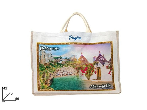 BORSA MARE 56 × 42 cm JUTA BIANCA CON SCENARIO PUGLIA