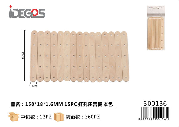 Bastoncino piatto in legno naturale con foro, 150 x 18 x 1,6 mm