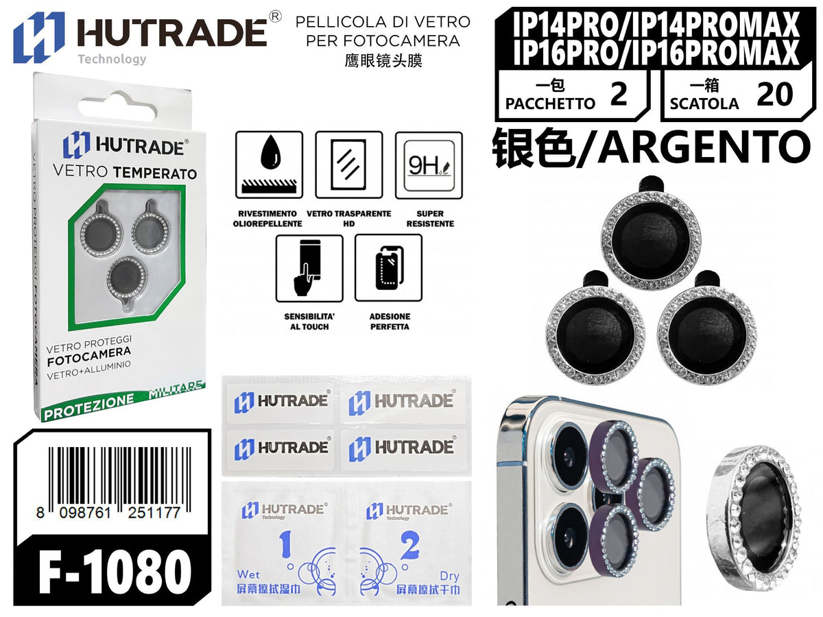 PELLICOLA DI VETRO PER FOTOCAMERA BRILLANTINATA IP14PRO/IP14PROMAX/IP16PRO/IP16PROMAX ARGENTO