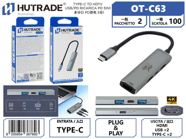 Adattatore USB-C a HDTV con USB e PD OT-C63