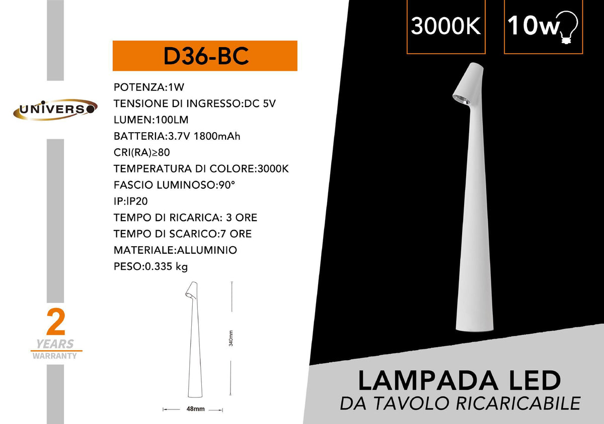 Lampada Scrivania Ricaricabile Universo – D36-BC