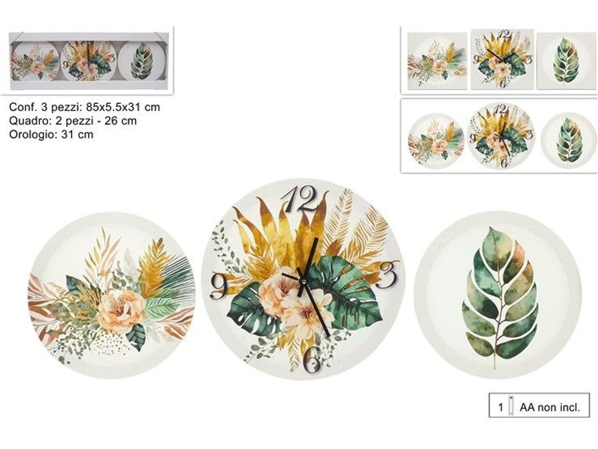 QUADRO CON OROLOGIO SET 3 pz DECORO FOGLIE E FIORI 2ASS.