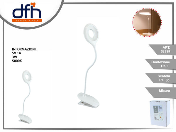 Lampada LED bianca a clip con collo flessibile 3 W