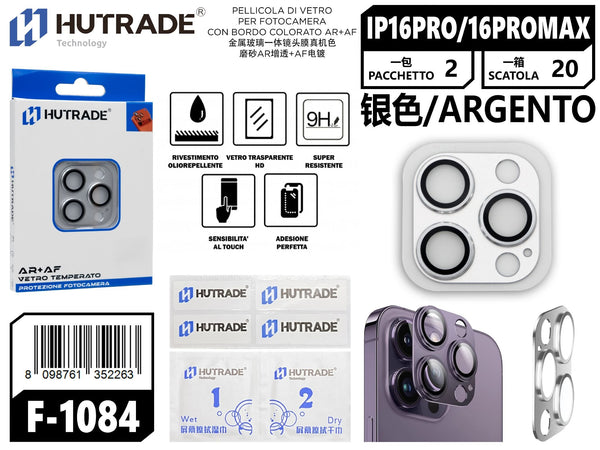PELLICOLA DI VETRO PER FOTOCAMERA CON BORDO COLORATO AR+AF IP16 PRO/IP16 PRO MAX ARGENTO