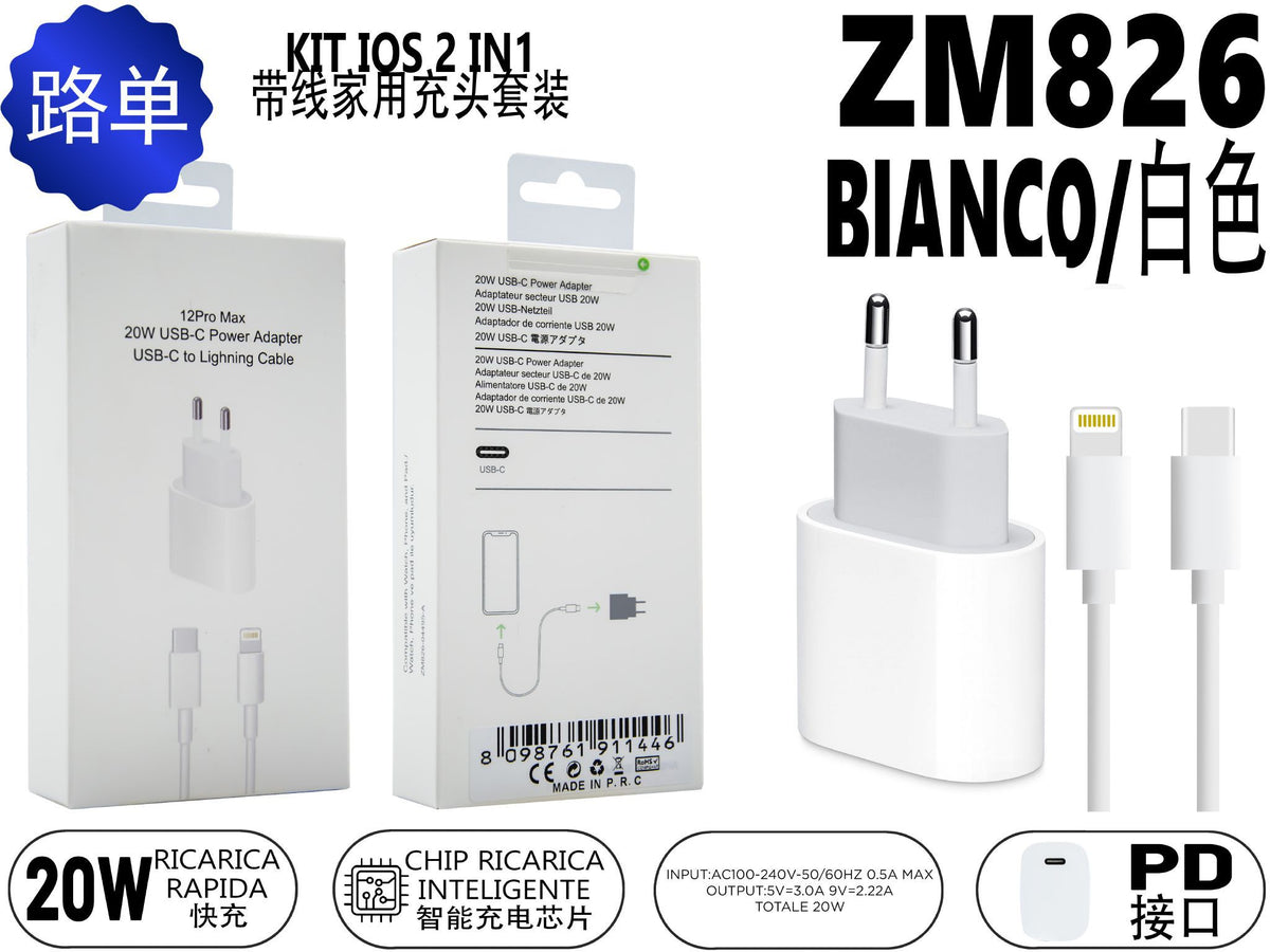 Kit caricabatterie USB-C con cavo Lightning ZM826, 20 W