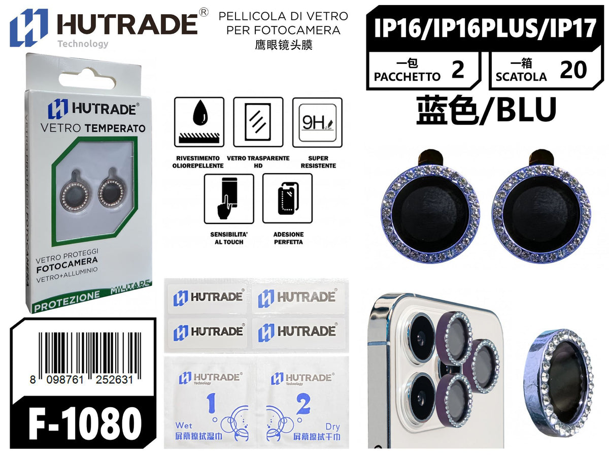PELLICOLA DI VETRO PER FOTOCAMERA BRILLANTINATA IP16/16 PLUS/IP17 BLU
