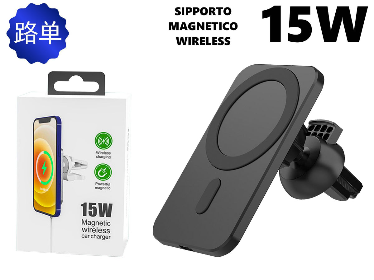 Supporto magnetico da auto con ricarica wireless, piastra rettangolare, 15 W