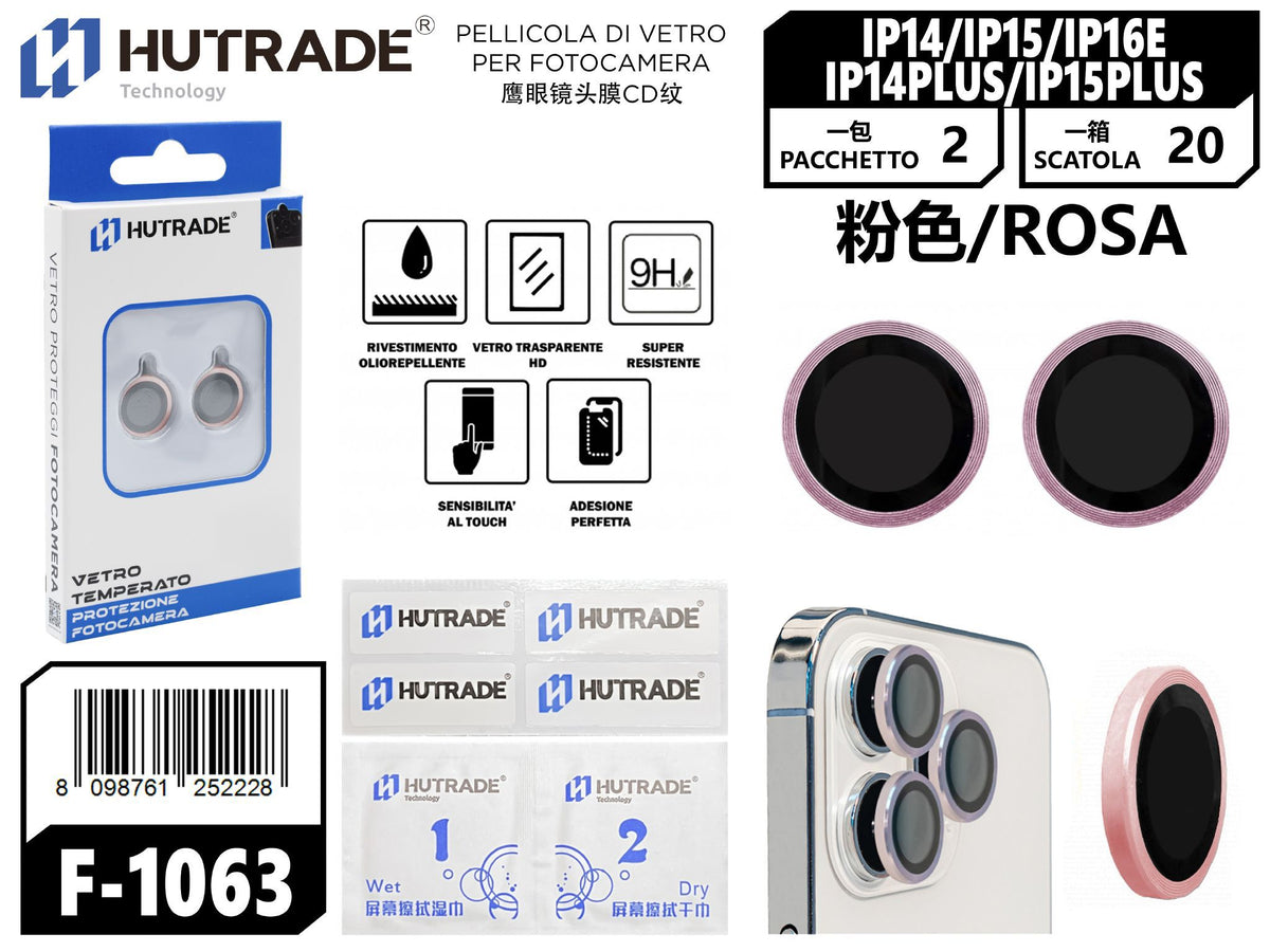PELLICOLA DI VETRO PER FOTOCAMERA IP14/IP14PLUS/IP15/IP15PLUS/IP16E ROSA