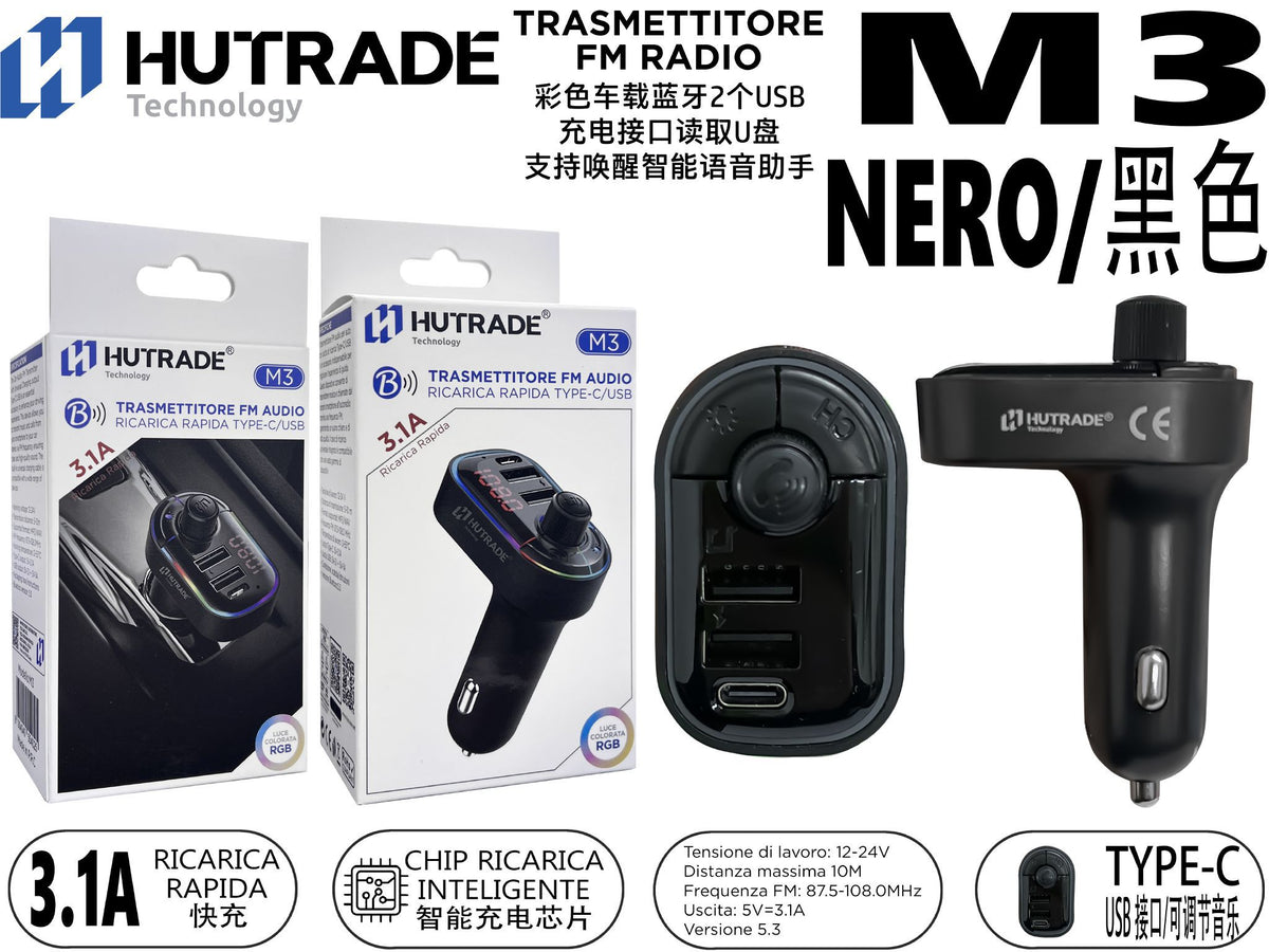 M3 TRASMETTITORE MULTICOLORE FM AUTO BLUETOOTH 2 INGRESSI USB CON FUNZIONE VOCALE