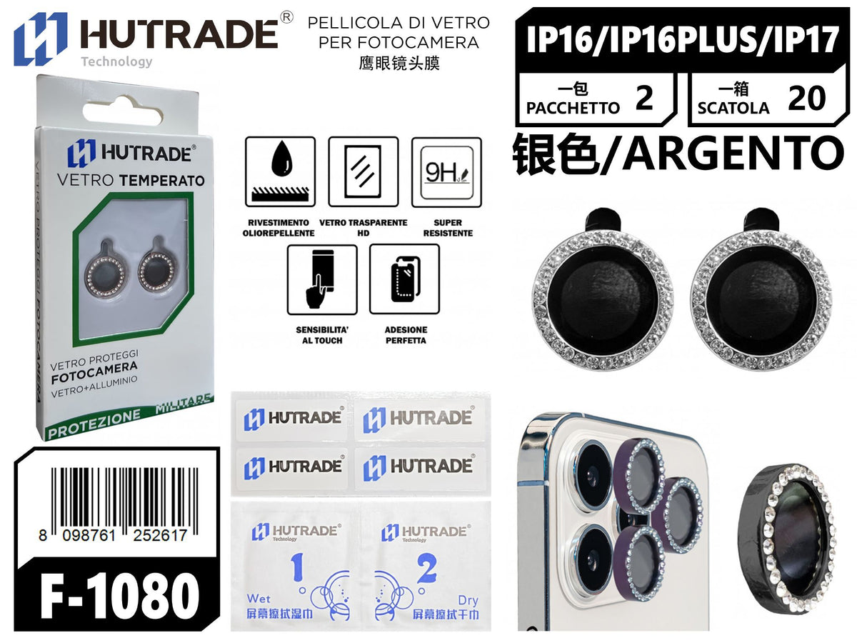 PELLICOLA DI VETRO PER FOTOCAMERA BRILLANTINATA IP16/16 PLUS/IP17 ARGENTO