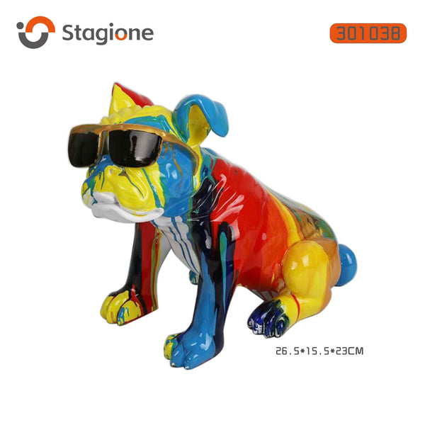 Soprammobile cane con occhiali e decorazione multicolore