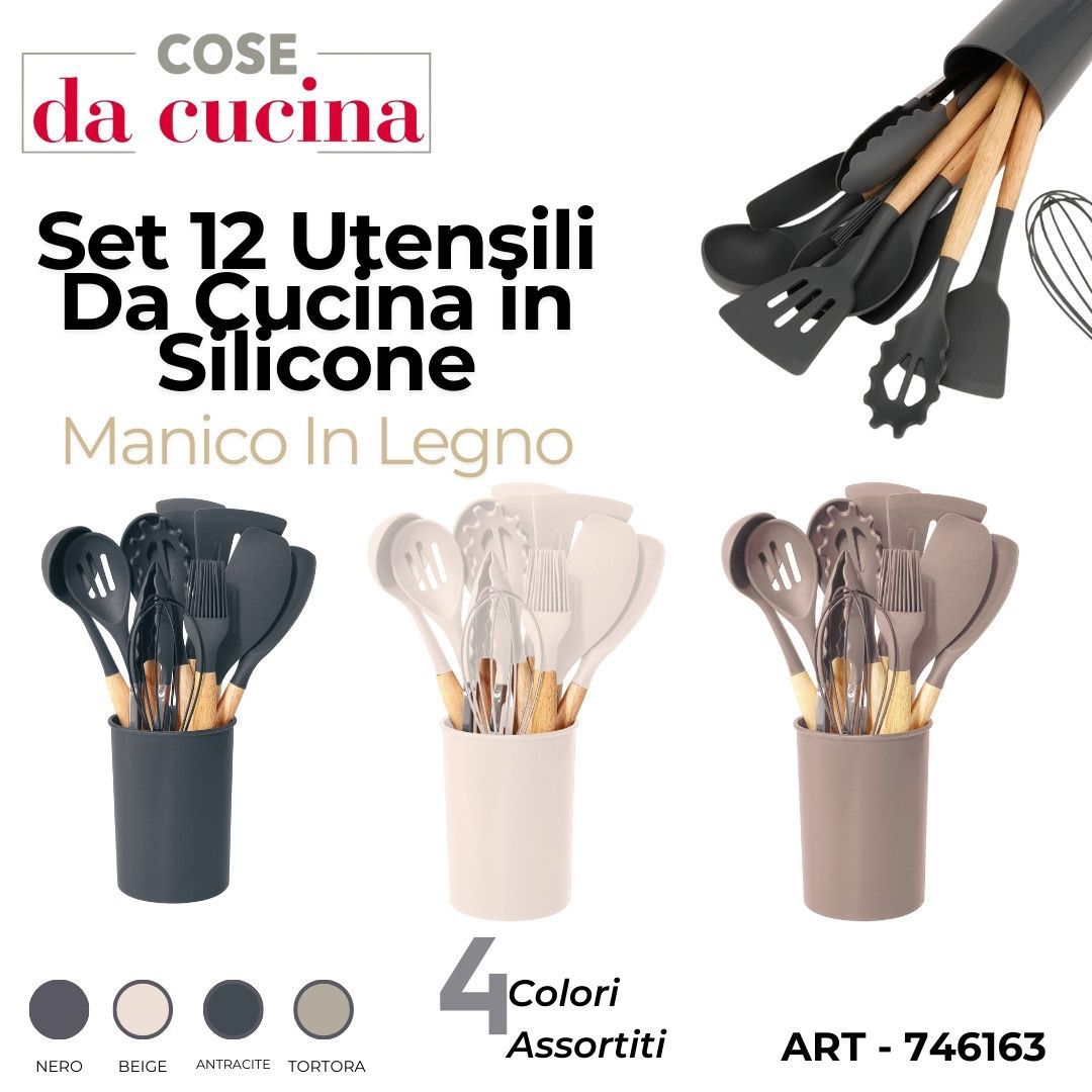 Set 12 utensili cucina in silicone - manico in legno colori assortiti