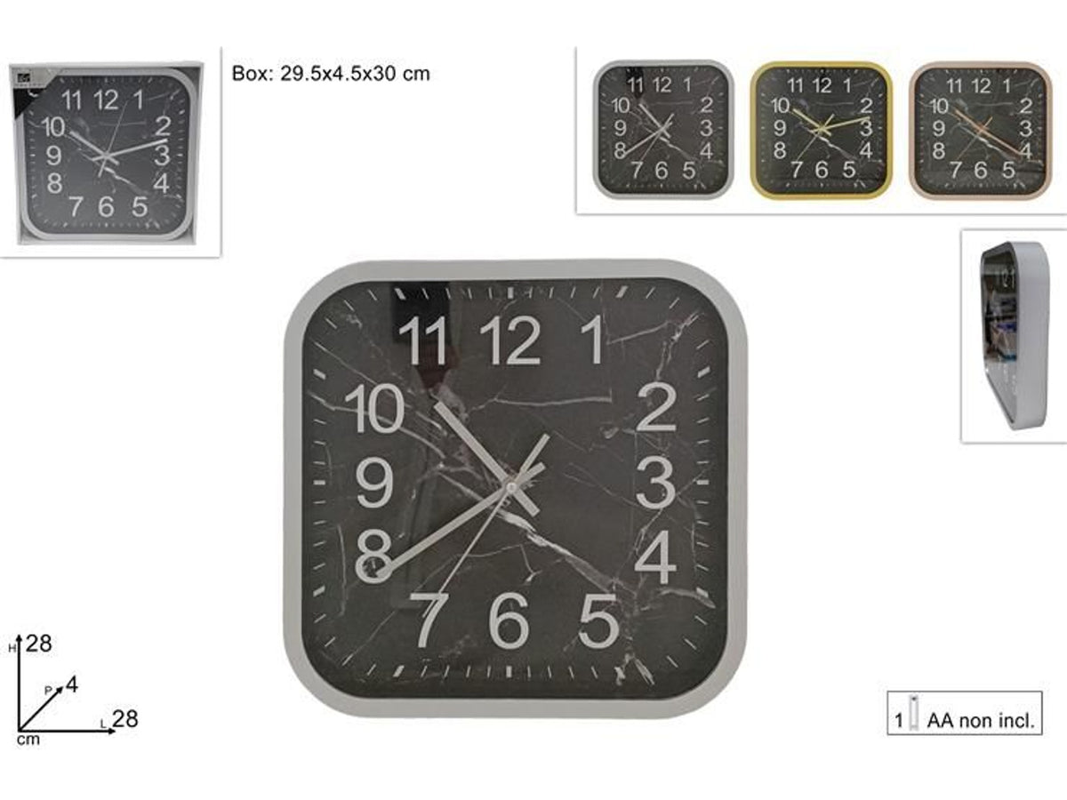 Orologio quadrato da muro effetto marmo 3 col. 130-209677-sbg/sbs/sbr