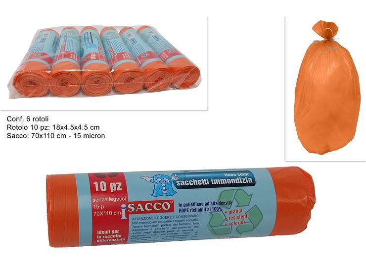 SACCHI RIFIUTI 10 pz 70 × 110 15MC ARANCIONE 004 ORANGE/23841310/18