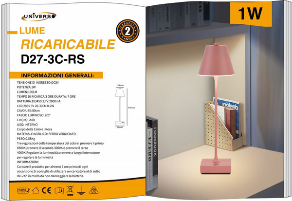 Lampada da tavolo ricaricabile – D27-3C-RS